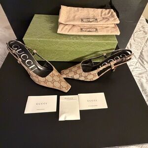 Gucci Beige Monogram Slingback Heels with Brown GG Print